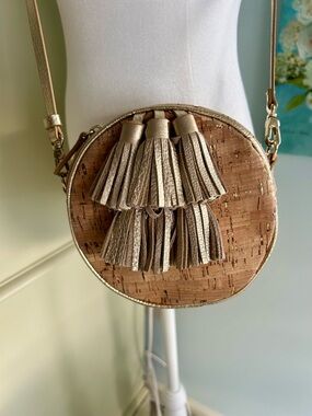 Lilly Pulitzer Cork Crossbody Purse with metallic gold leather tassels